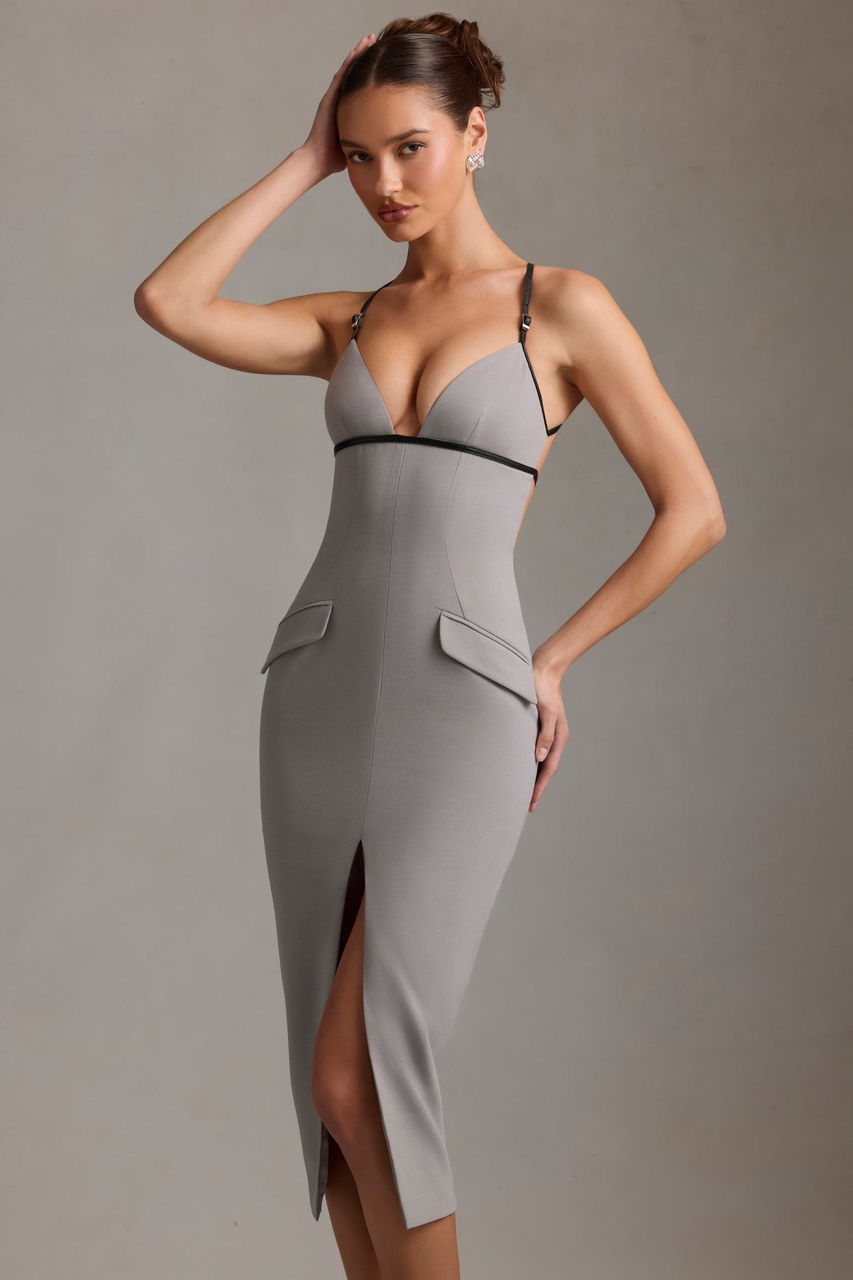 Plunge-Neck Backless Midaxi Dress in Grey - 7
