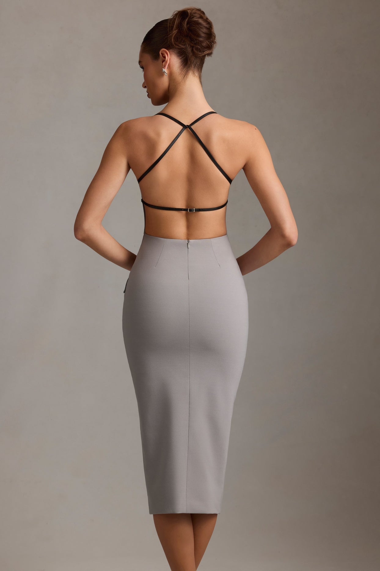 Plunge-Neck Backless Midaxi Dress in Grey - 8