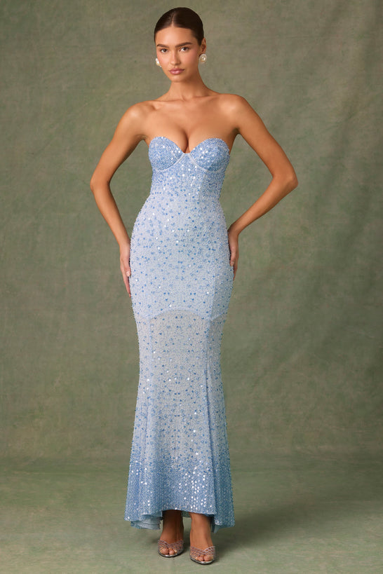 Embellished Sweetheart-Neck Fishtail Gown in Sky Blue