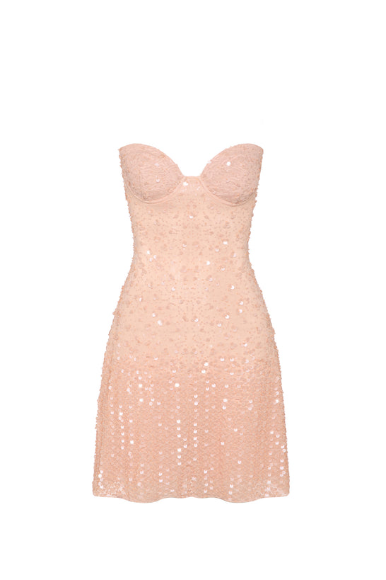 Embellished Sweetheart-Neck A-Line Mini Dress in Apricot