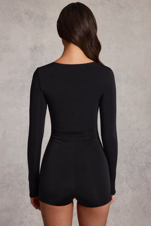 Ruched Long-Sleeve Playsuit in Black