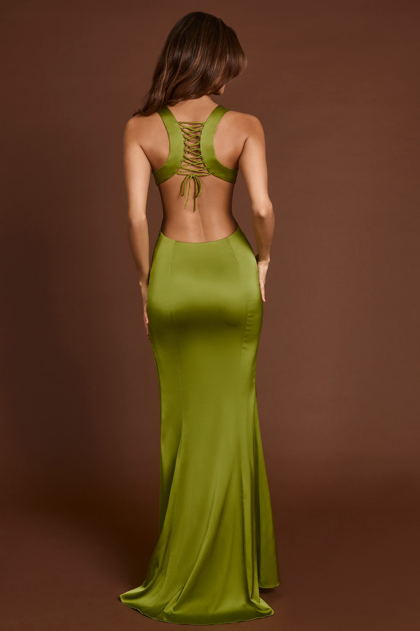 Scoop-Neck Lace-up Back Maxi Dress in Olive Green - 2