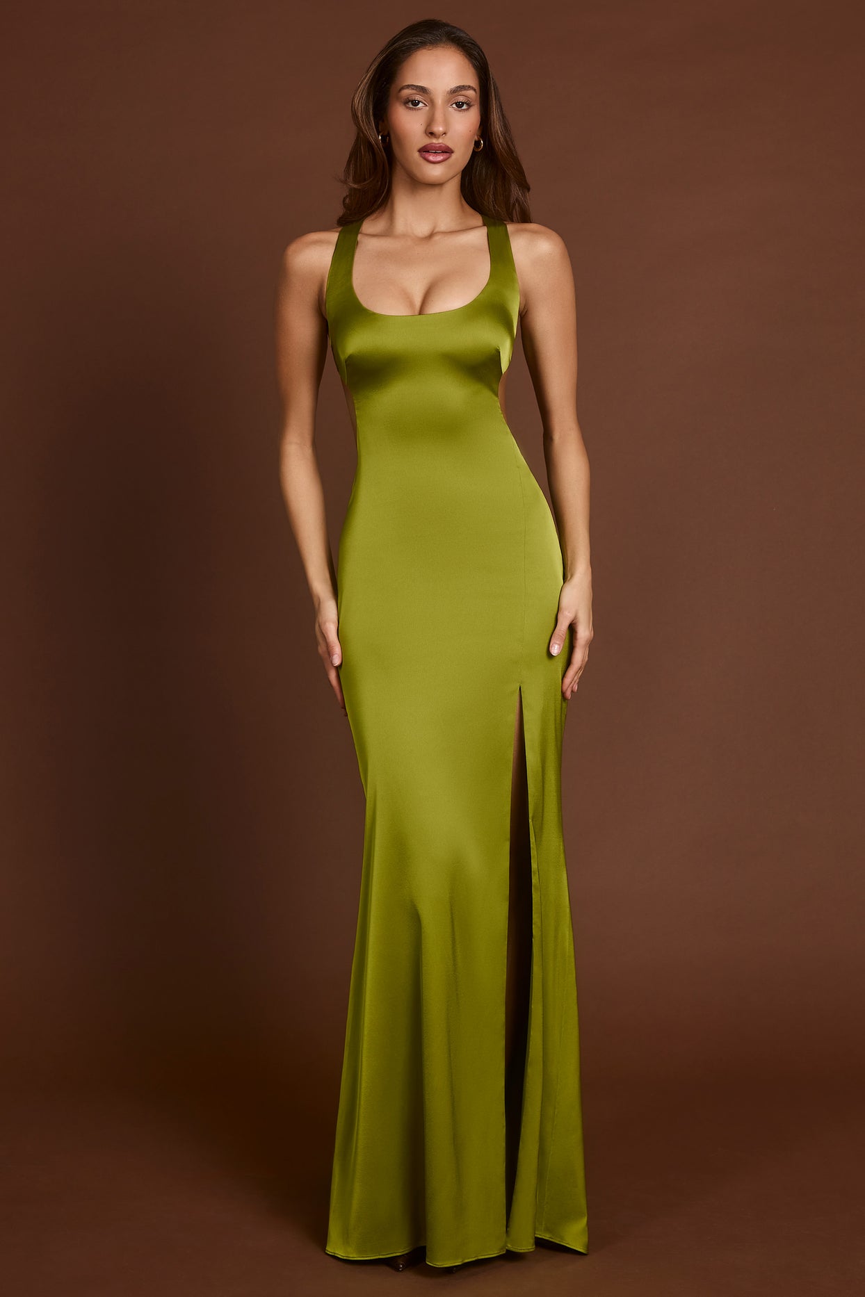 Scoop-Neck Lace-up Back Maxi Dress in Olive Green - 5