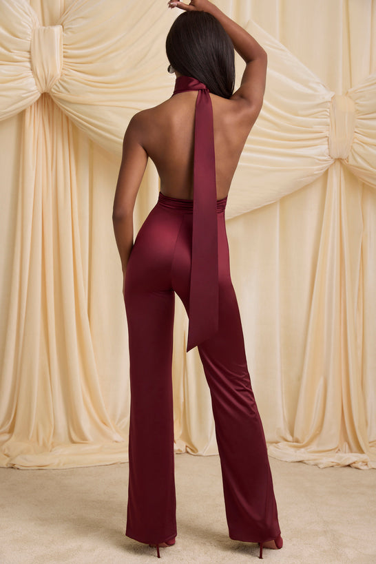 Petite Scarf-Detail Halterneck Jumpsuit in Wine Red