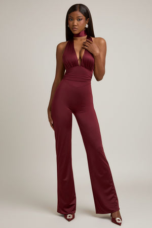 Scarf-Detail Halterneck Jumpsuit in Wine Red