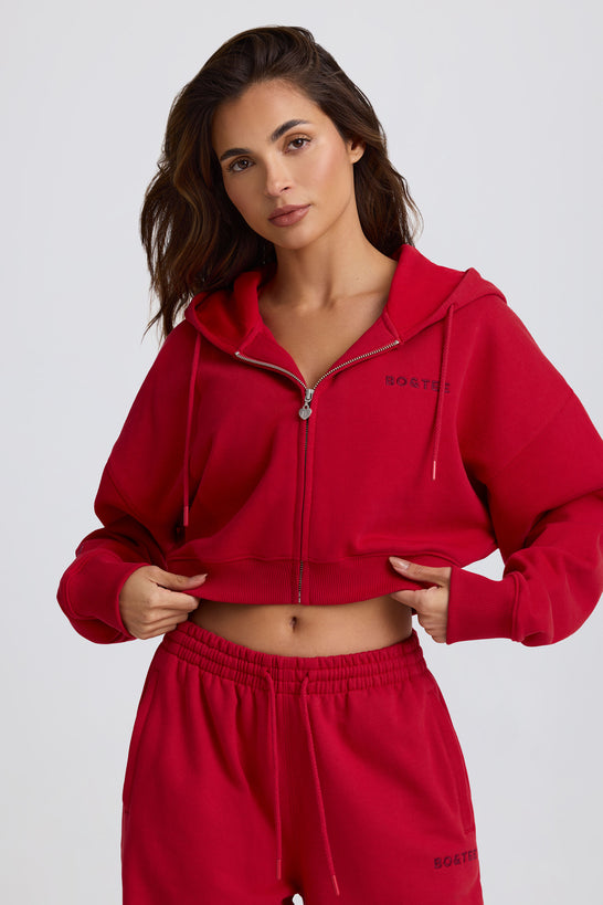 Cropped Zip-Up Hoodie in Hot Red