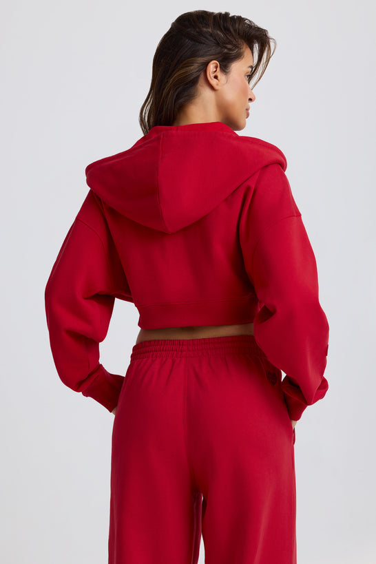 Cropped Zip-Up Hoodie in Hot Red