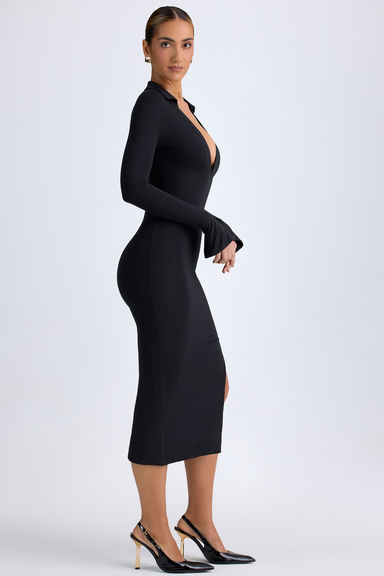 Modal Plunge V-Neck Midaxi Dress in Black - 5