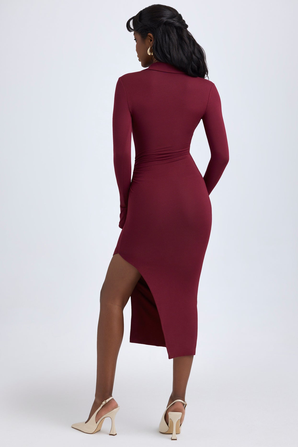 Modal Plunge V-Neck Midaxi Dress in Wine Red - 2