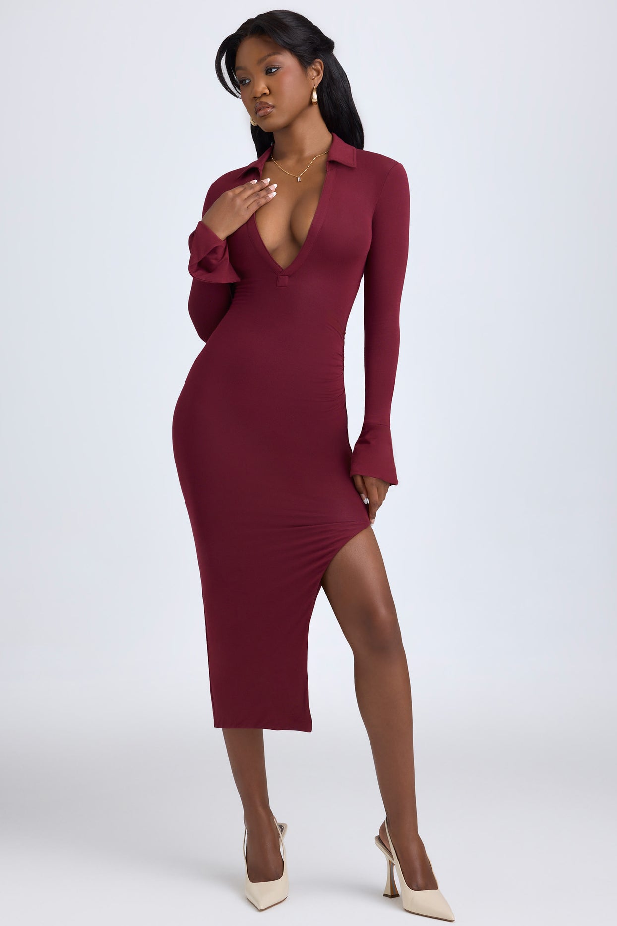 Modal Plunge V-Neck Midaxi Dress in Wine Red - 5