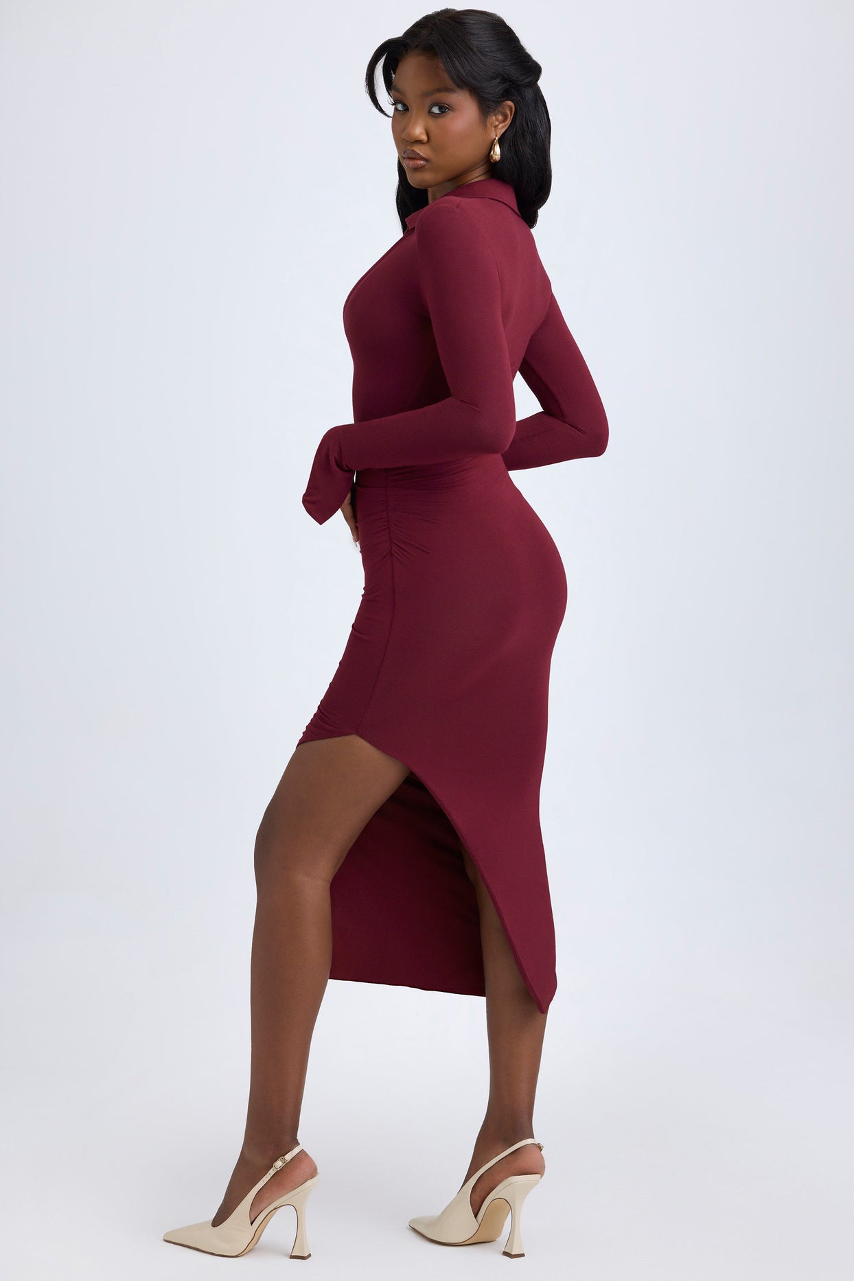 Modal Plunge V-Neck Midaxi Dress in Wine Red - 6
