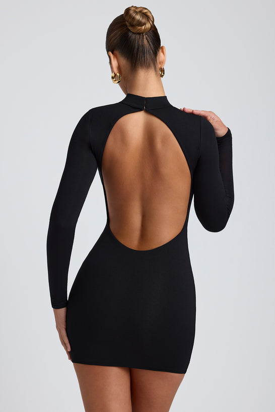 Modal Open-Back Long-Sleeve Mini Dress in Black