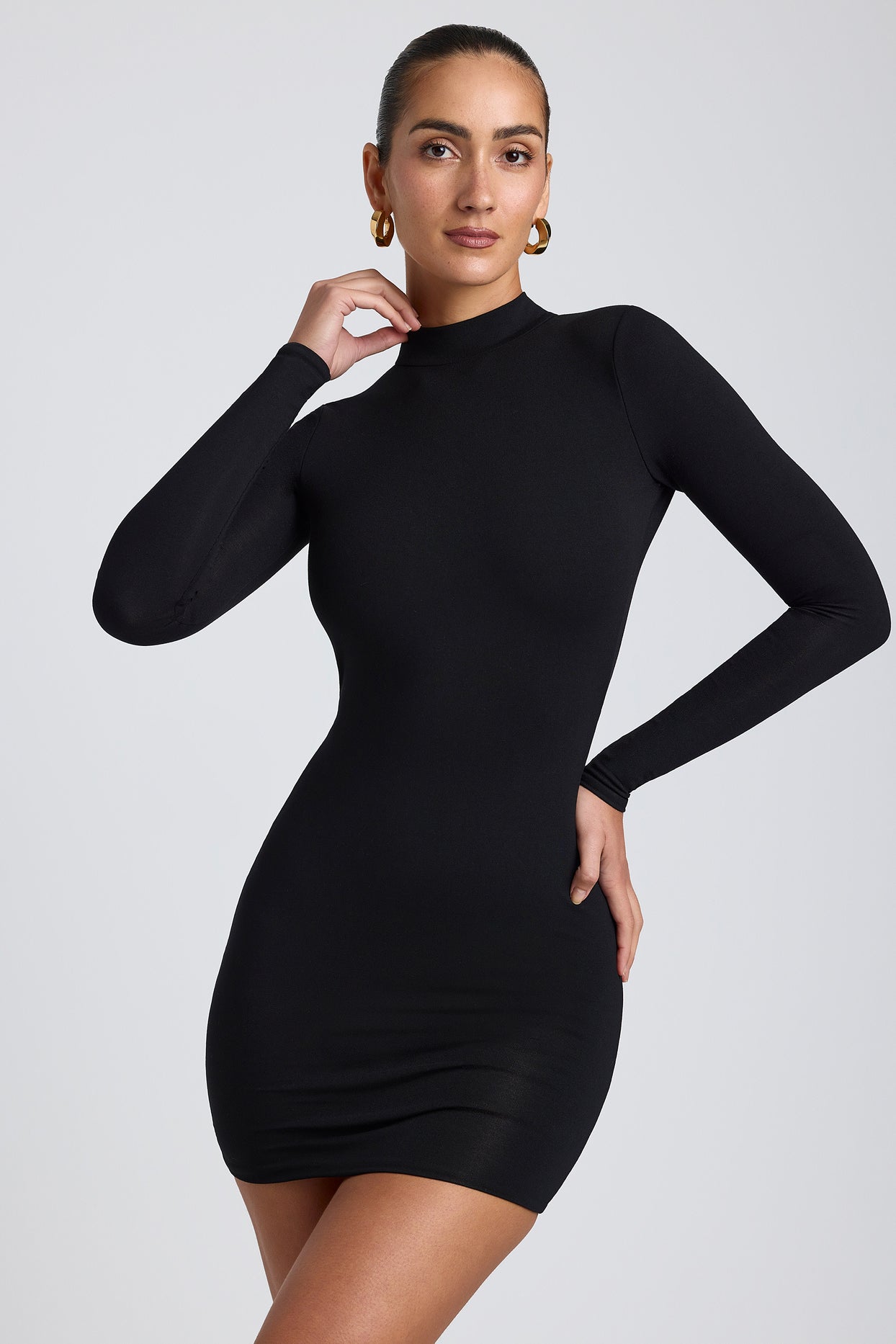 Modal Open-Back Long-Sleeve Mini Dress in Black - 5