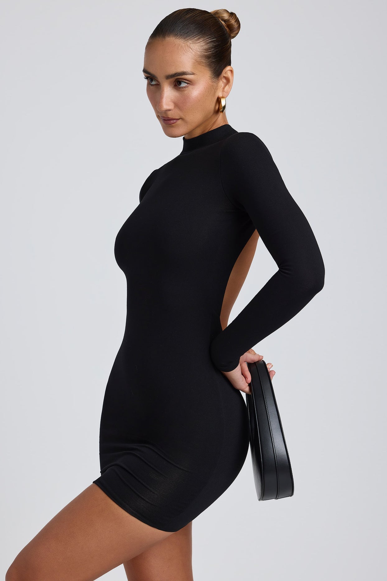 Modal Open-Back Long-Sleeve Mini Dress in Black - 6
