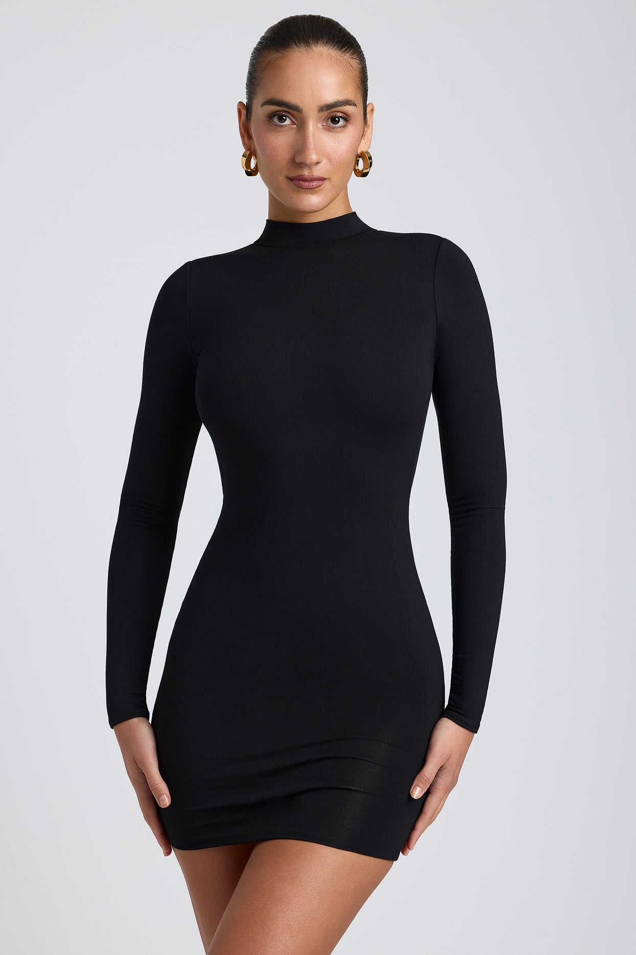 Modal Open-Back Long-Sleeve Mini Dress in Black - 7
