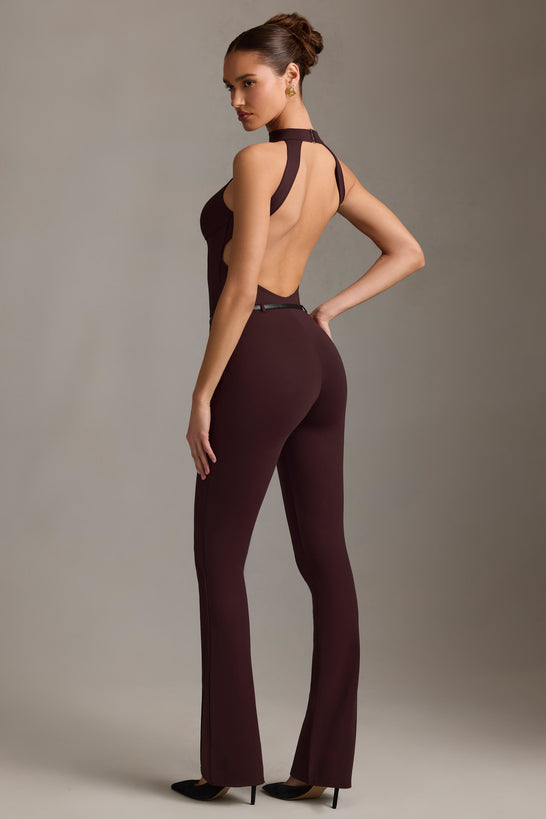 Backless Turtleneck Jumpsuit in Chocolate Brown