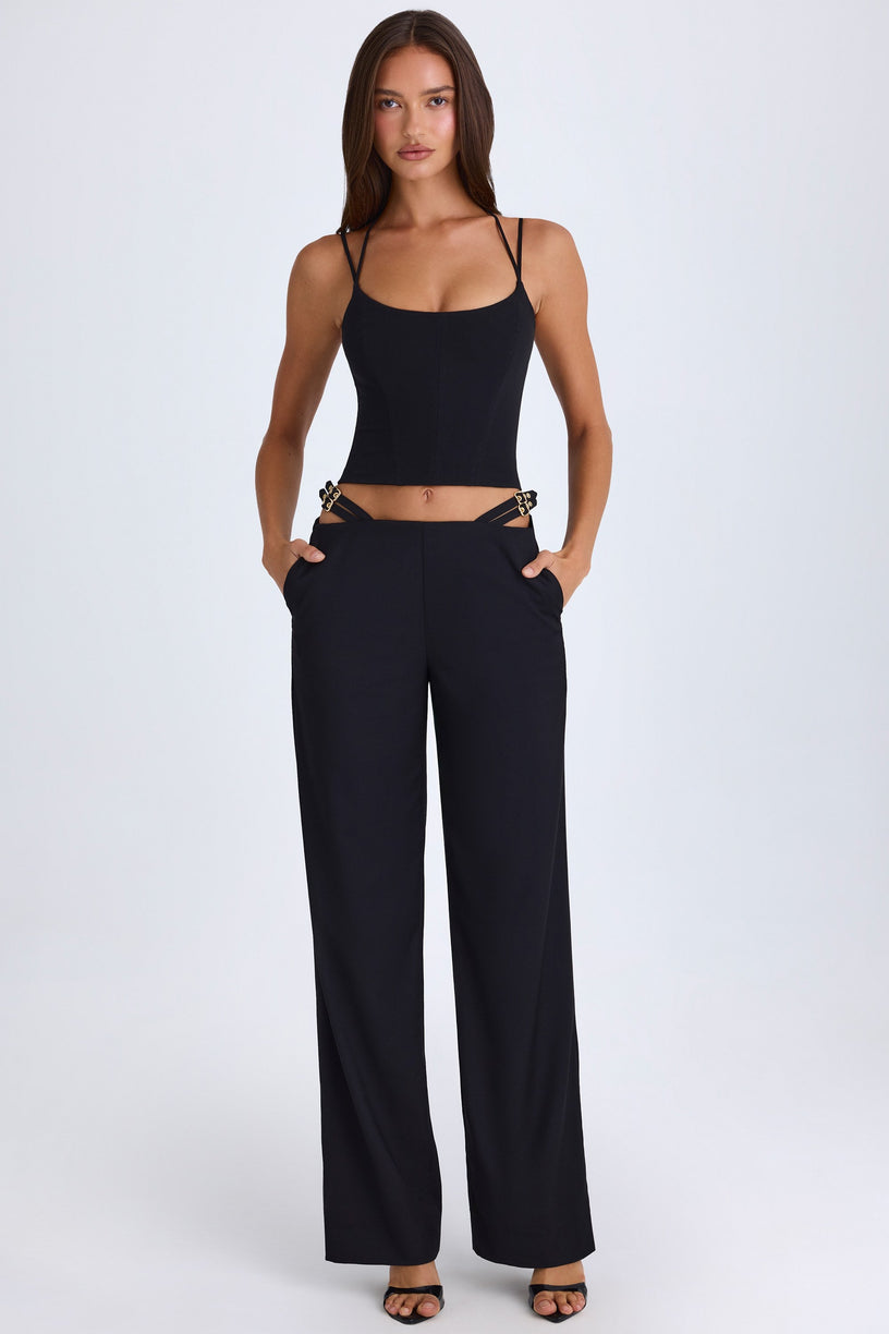 Belted Cut-Out Wide-Leg Trousers in Black - 1
