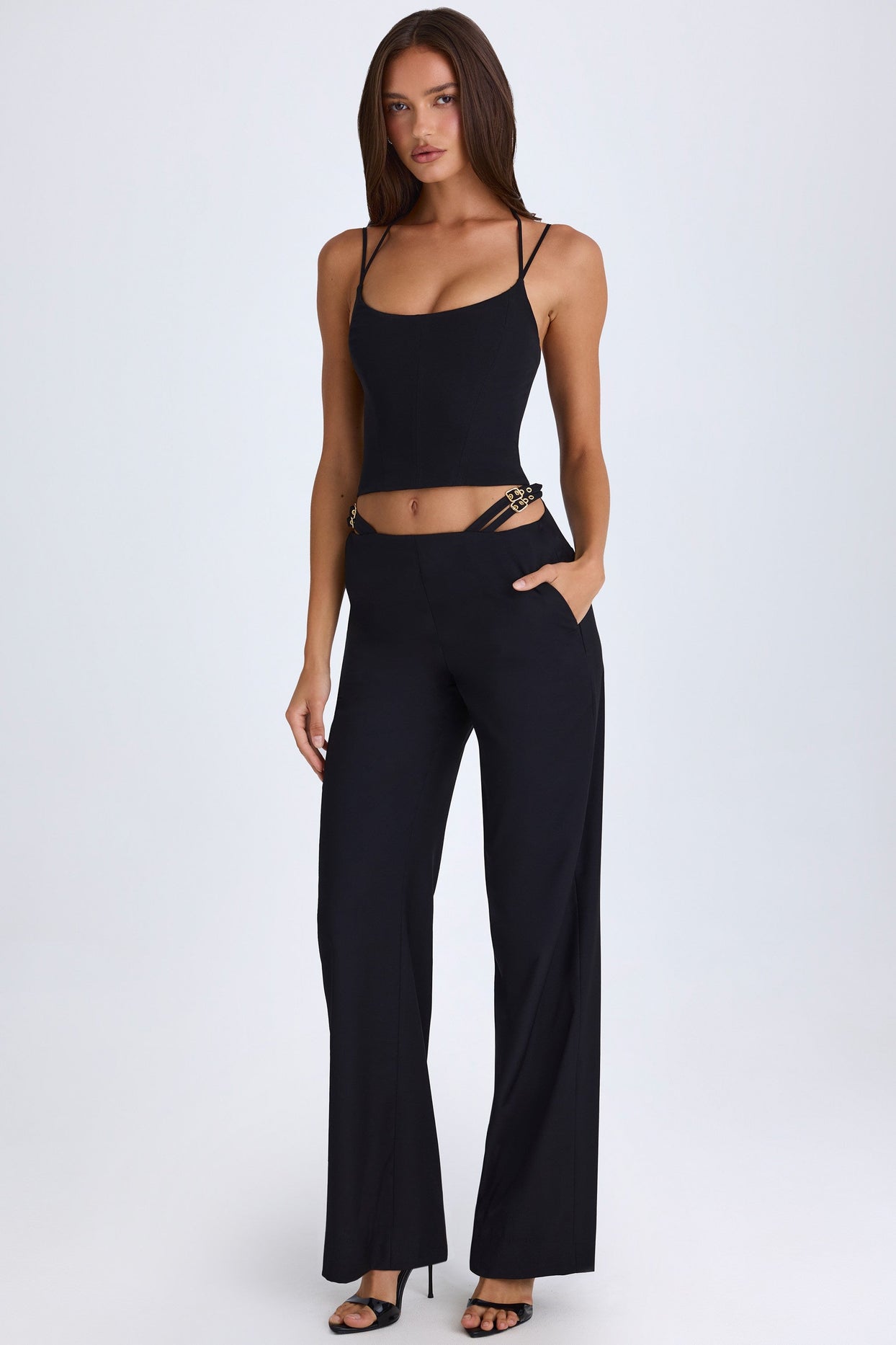 Belted Cut-Out Wide-Leg Trousers in Black