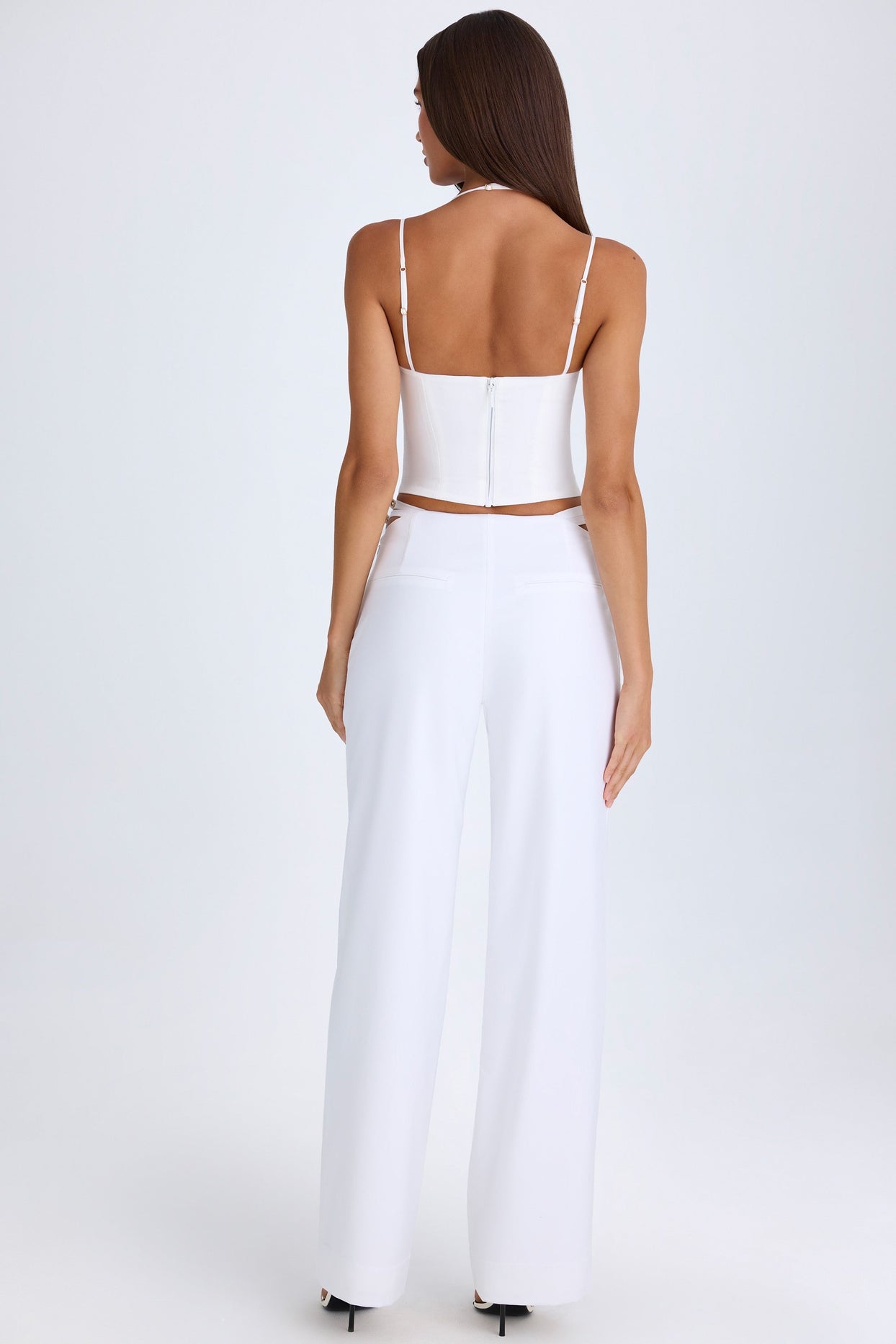 Belted Cut-Out Wide-Leg Trousers in White