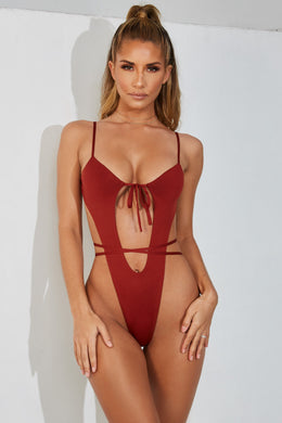 Cut Me Loose High Rise Cut Out Thong Swimsuit in Rust