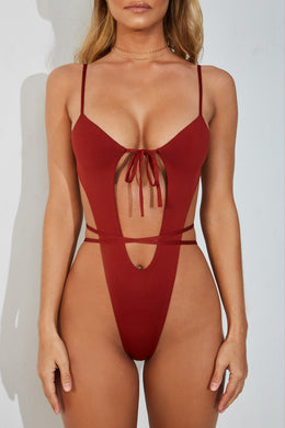 Cut Me Loose High Rise Cut Out Thong Swimsuit in Rust