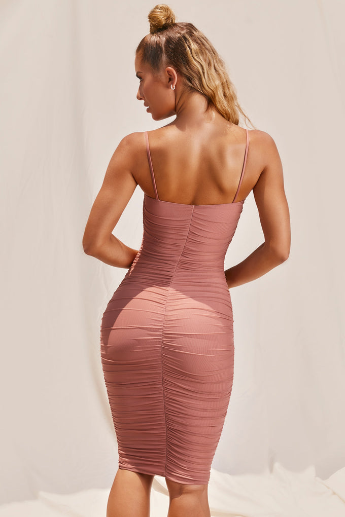 Ruched Mesh Bodycon Midi Dress in Pink