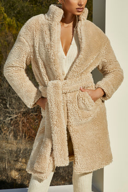Belted Faux Fur Coat in Cream
