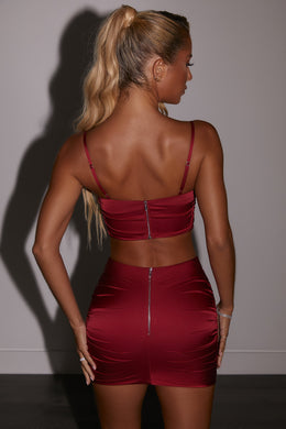 Ruched V-Front Satin Mini Skirt in Red