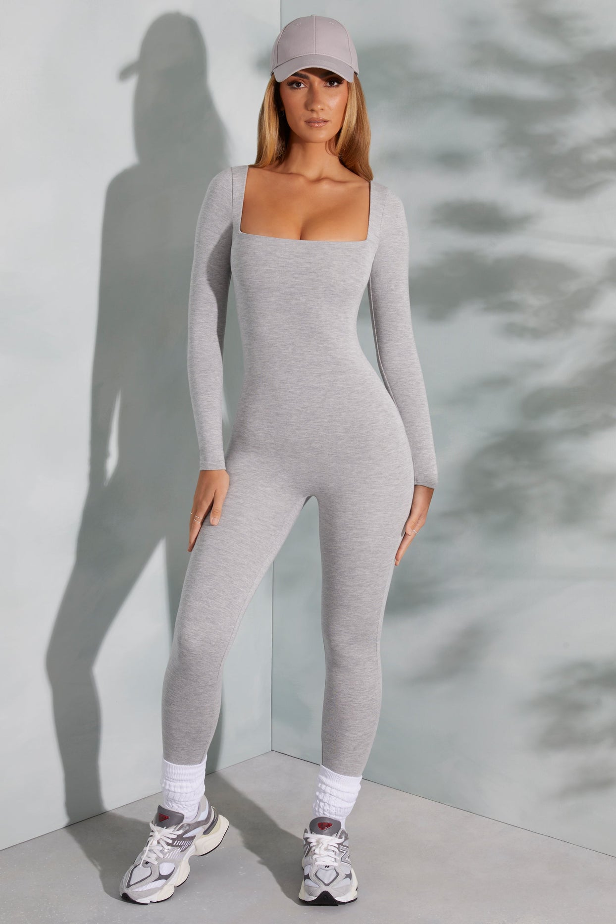 Petite Square Neck Long Sleeve Jumpsuit in Marled Grey