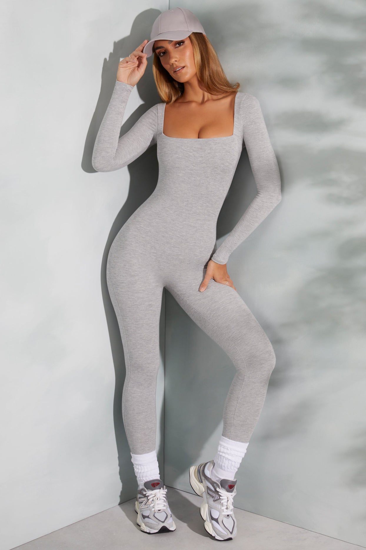 Petite Square Neck Long Sleeve Jumpsuit in Marled Grey