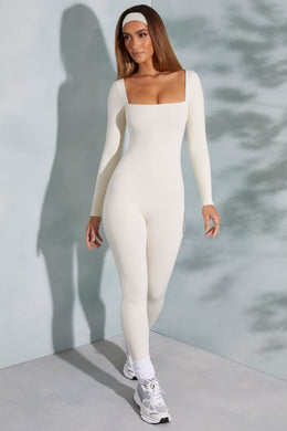 Tall Square Neck Long Sleeve Jumpsuit in Ivory