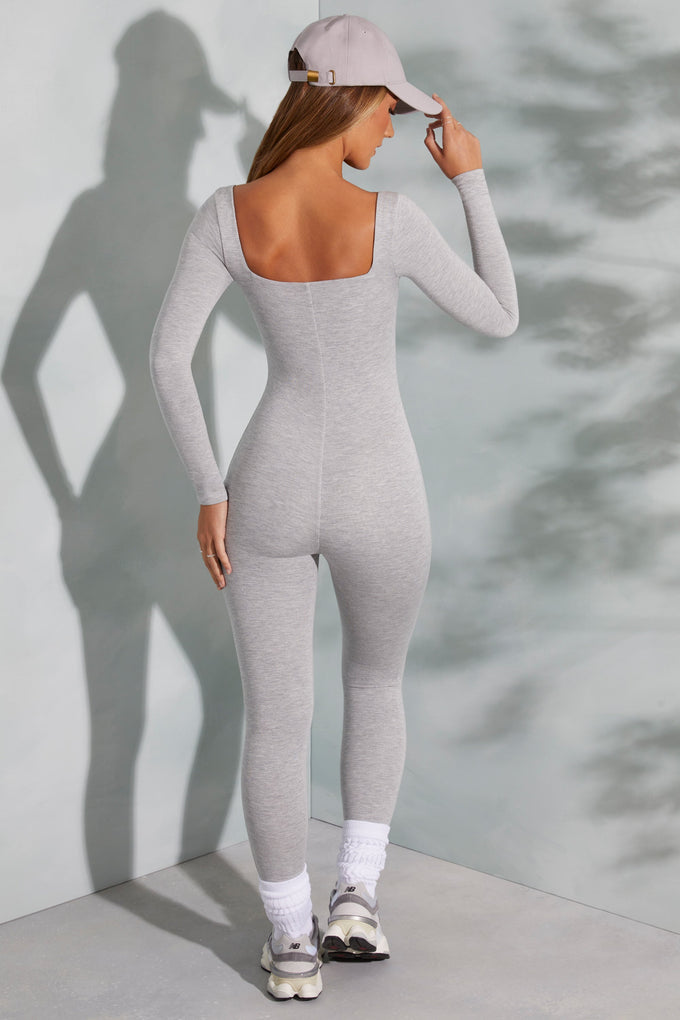 Square Neck Long Sleeve Jumpsuit in Marled Grey