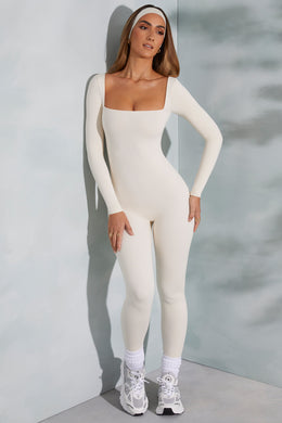 Tall Square Neck Long Sleeve Jumpsuit in Ivory