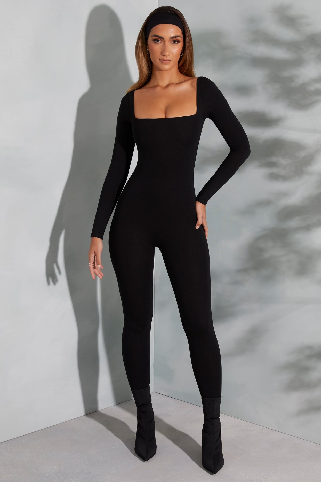 Delanie Square Neck Long Sleeve Jumpsuit in Black Oh Polly