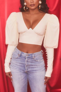 Plunge Neck Puff Sleeve Crop Top in Oyster White