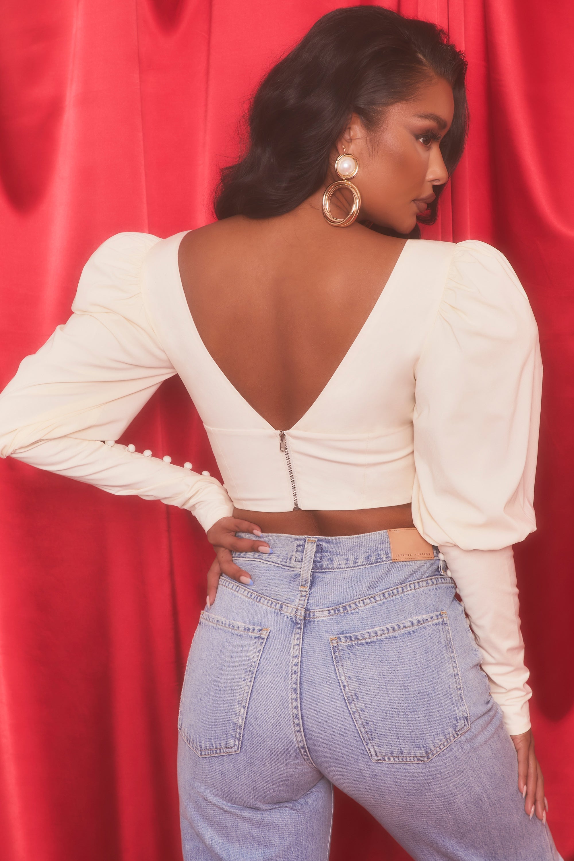 White crop discount top puff sleeve