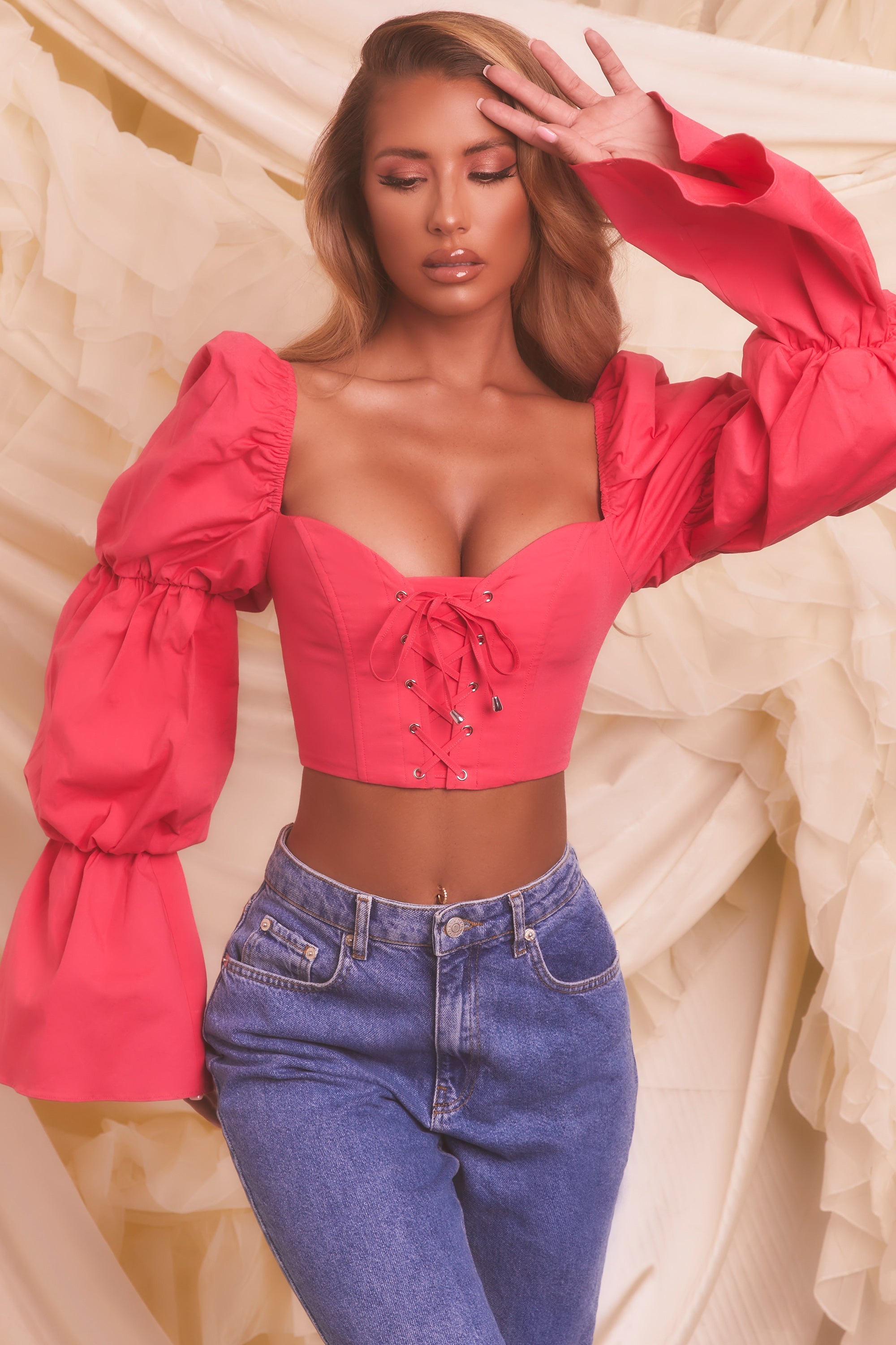 Pink crop top 2025 with puff sleeves