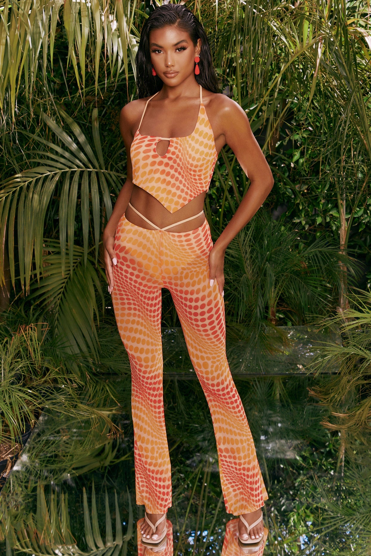 Match It Up Tall Printed Mesh Flared Trousers in Orange Print