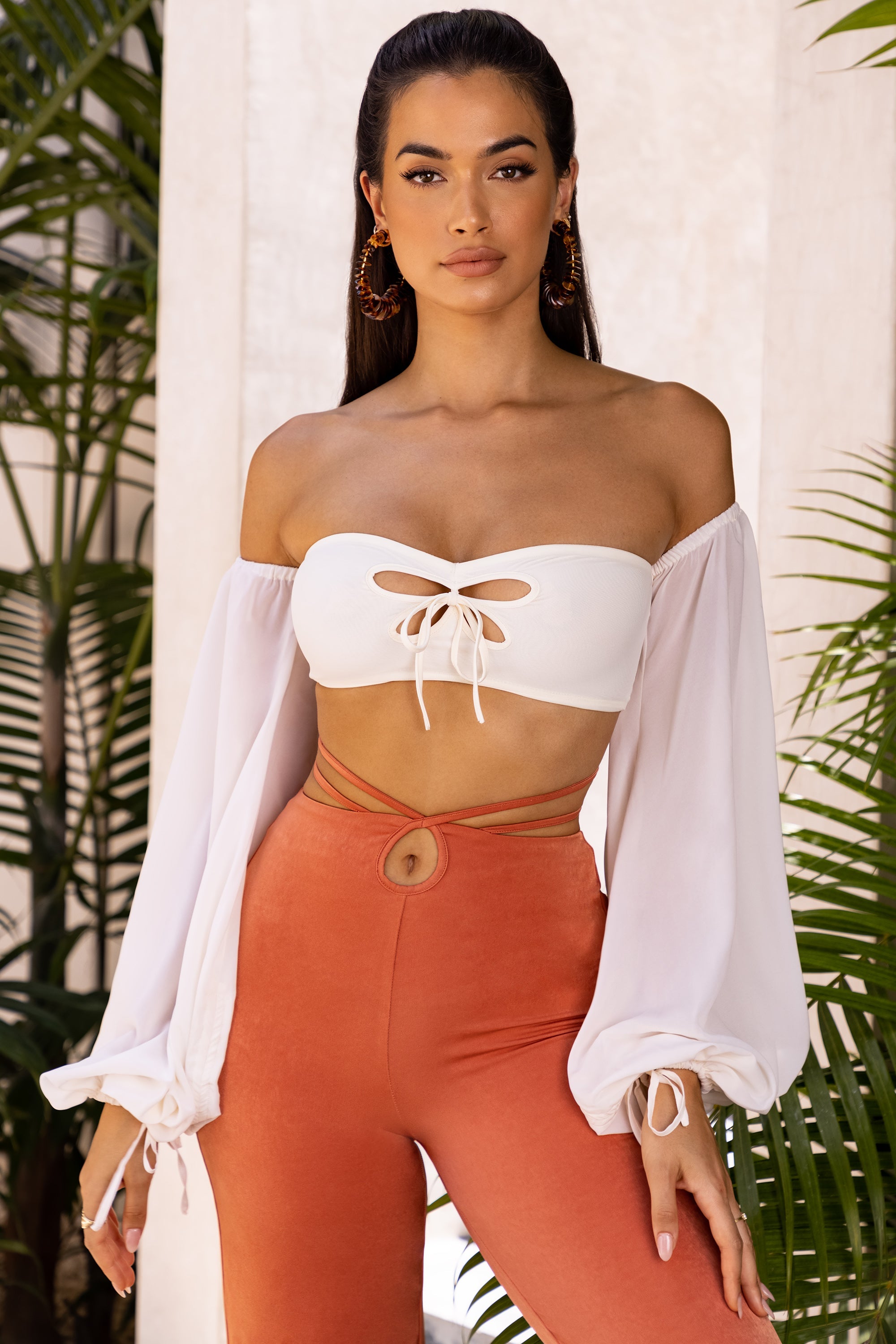 White ruched detail bardot long sleeve crop discount top