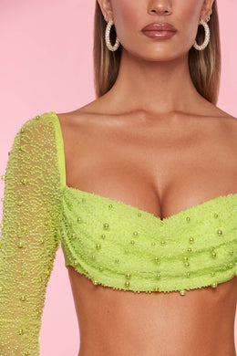 Embellished Cowl Neck Crop Top in Lime