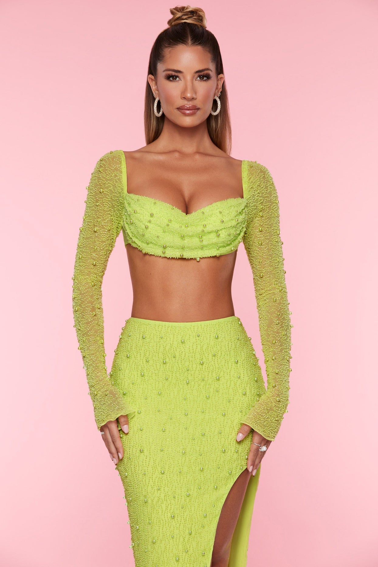 Embellished Cowl Neck Crop Top in Lime