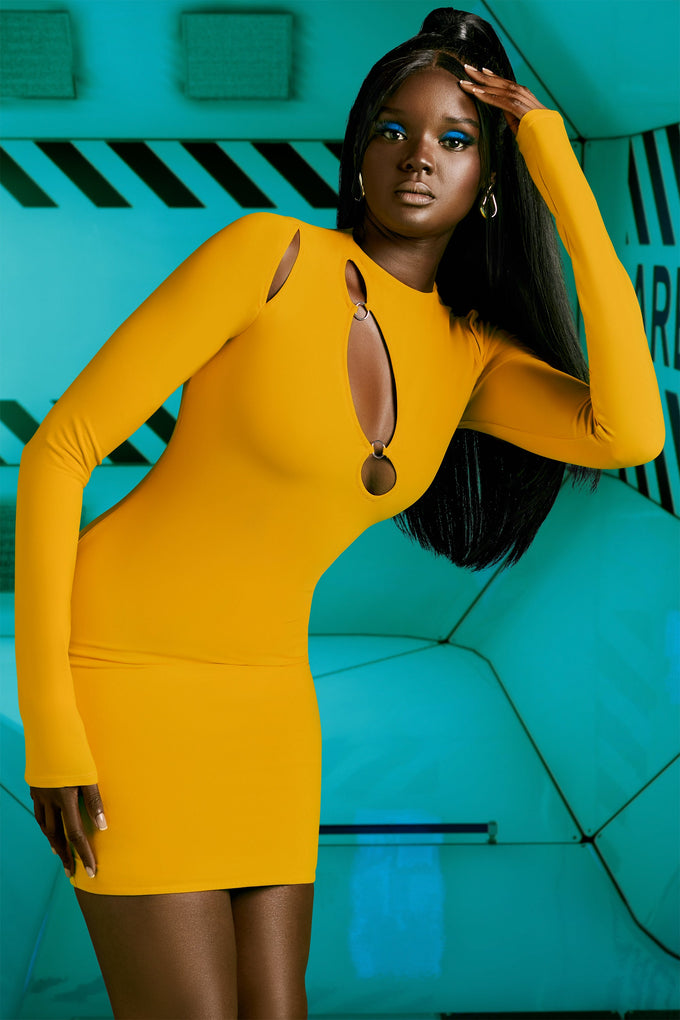 Cut Out Long Sleeve Dress in Yellow