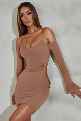 Ruched Long Sleeve Mini Dress in Tan
