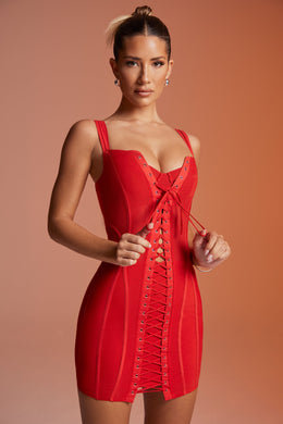 Lace Up Corset Mini Dress in Red
