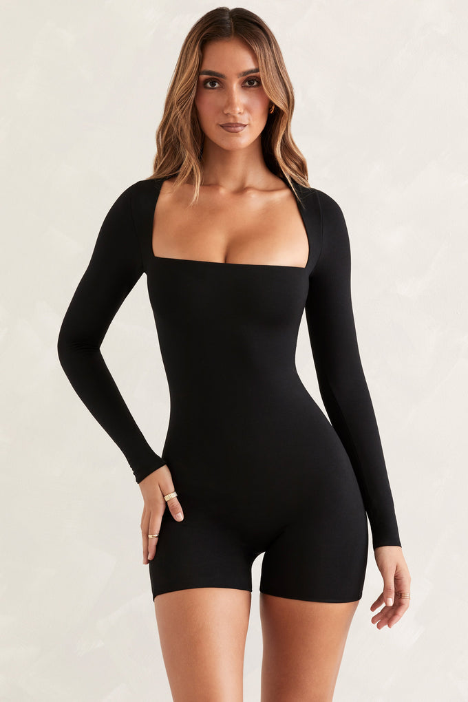 Women One Piece Square Neck Unitard Outfits Bodysuit Long Sleeve Full  Jumpsuits