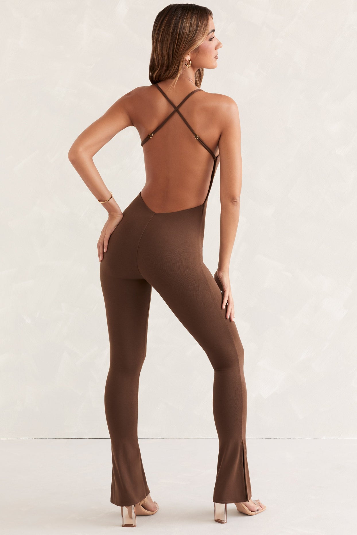 Tall Scoop Neck Backless Jumpsuit in Brown