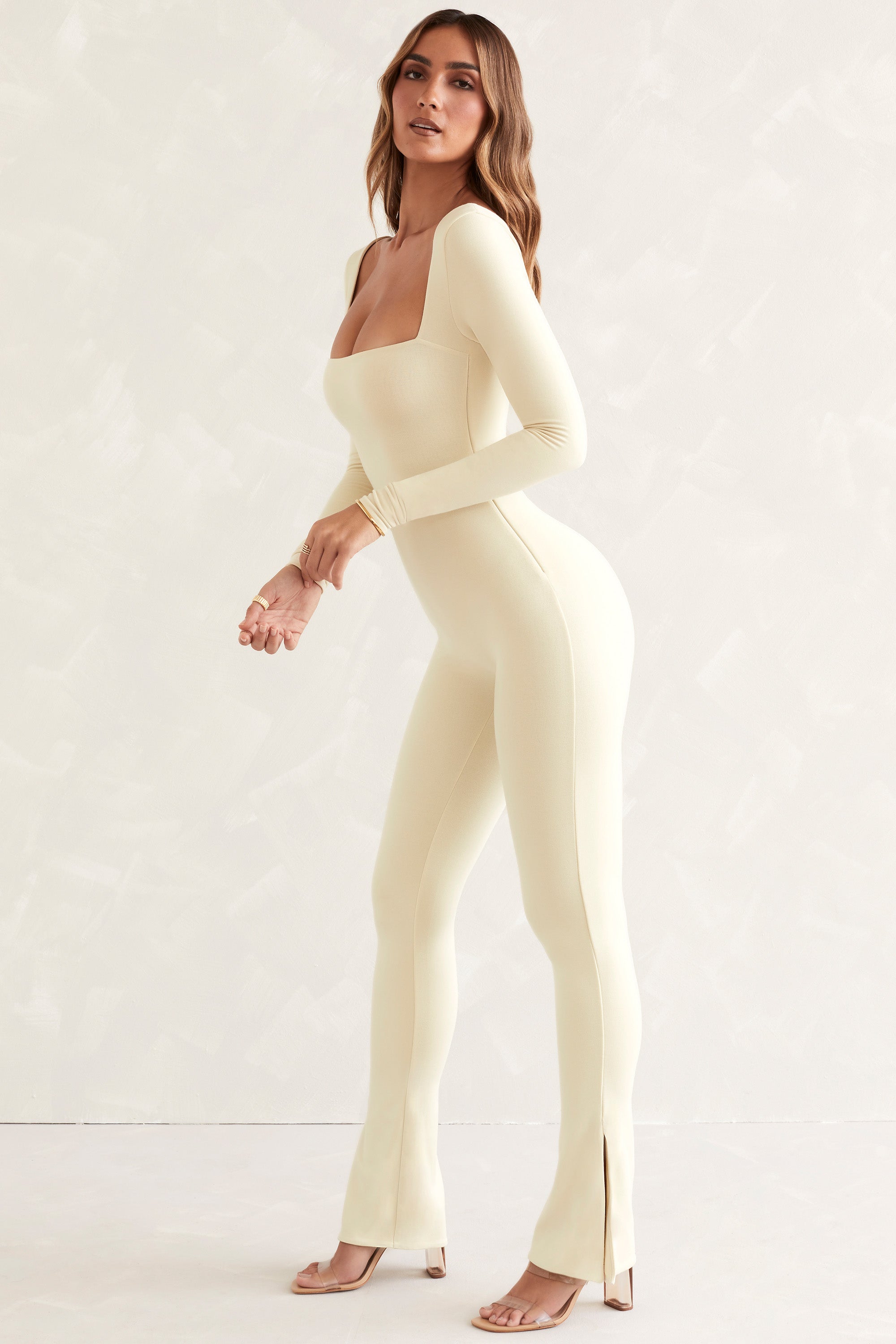 White second skin short sleeve flare store leg jumpsuit