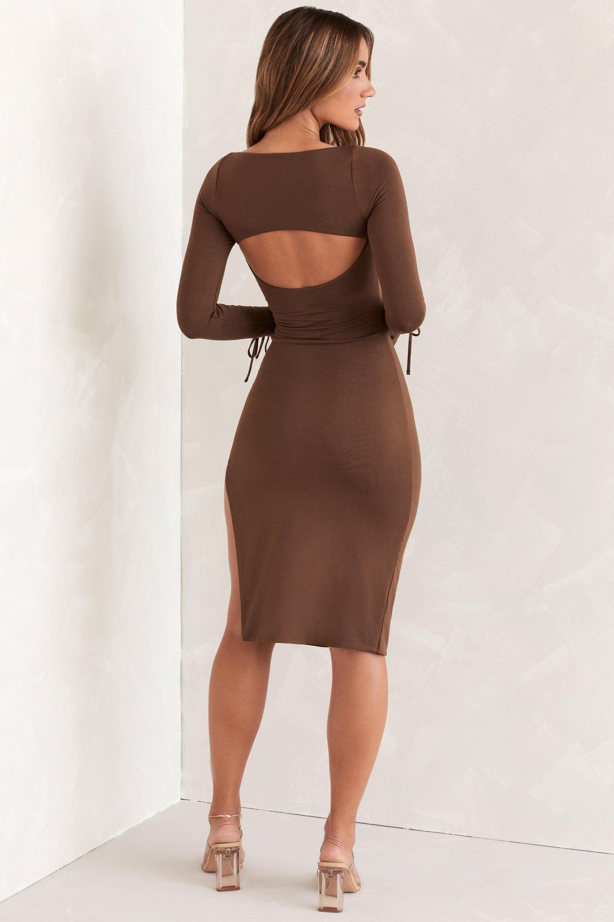 Square Neck Long Sleeve Midi Dress in Brown