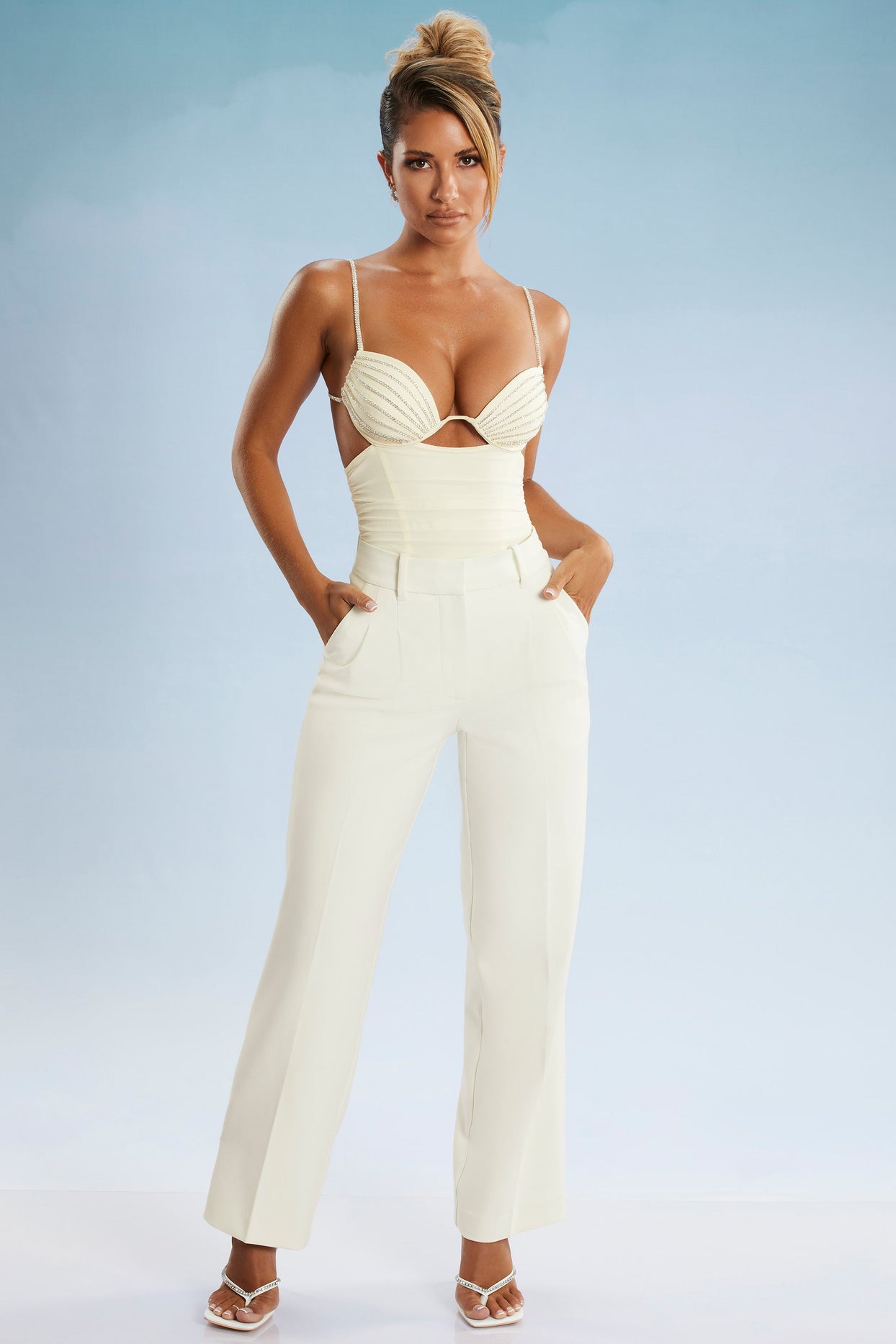 Cut Out Ruched Bodysuit in Ivory