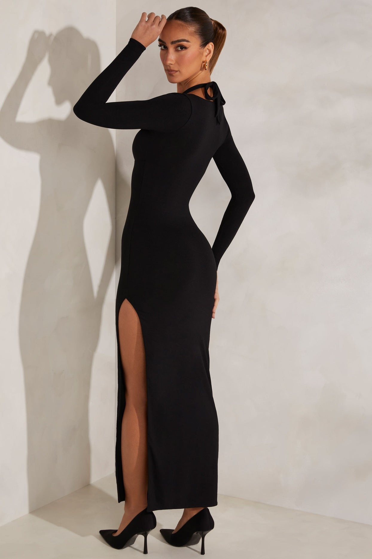 Long Sleeve Plunge Neck Maxi Dress in Black